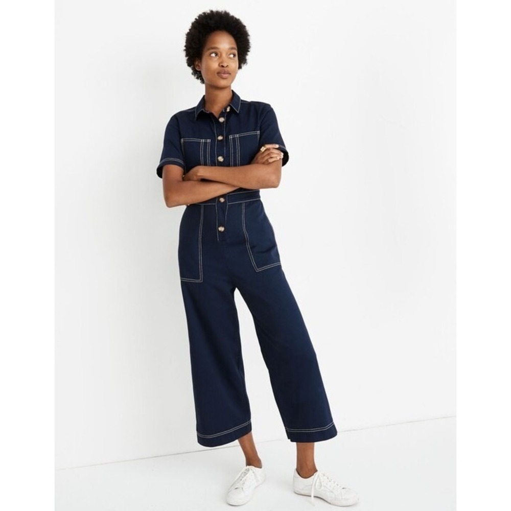 Madewell‎ Contrast-Stitch Retro Jumpsuit Wide Leg Short Sleeve Size Small 4